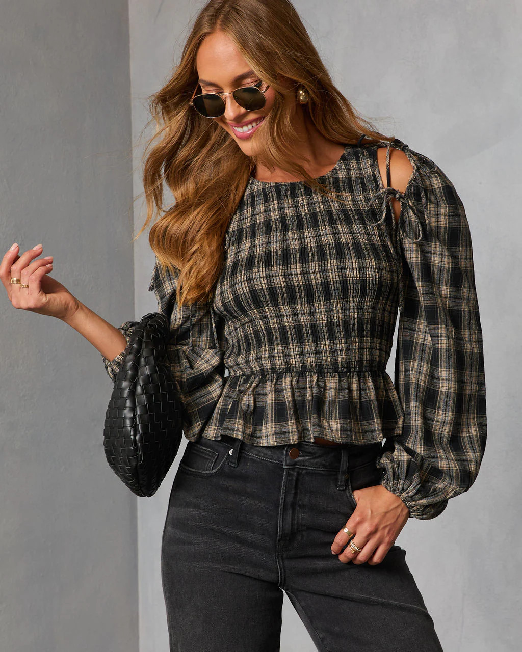 Veralie Smocked Plaid Peplum Top | VICI