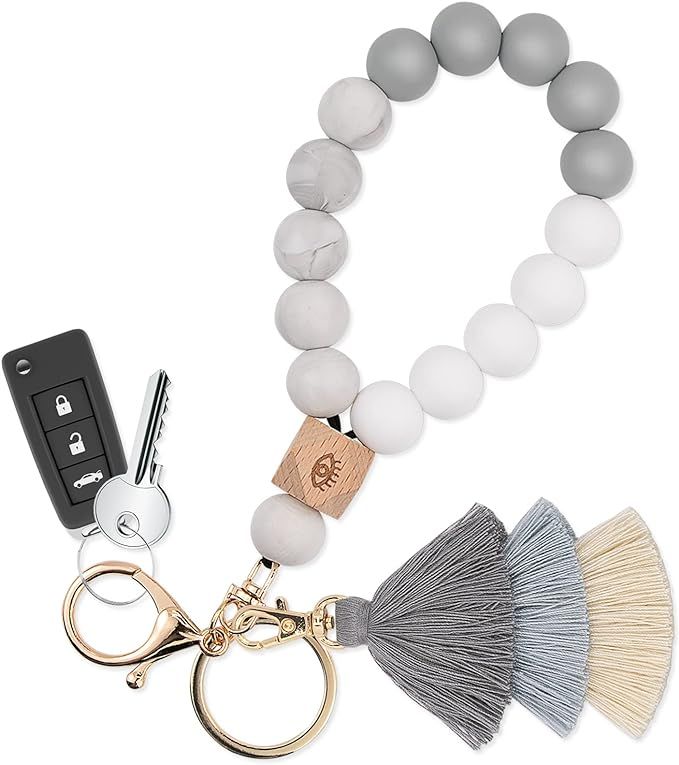 Beaded Keychain with Tassel, Silicone Key Ring Bracelet, Boho Car Key Chain Wristlet Cute Tassel ... | Amazon (US)