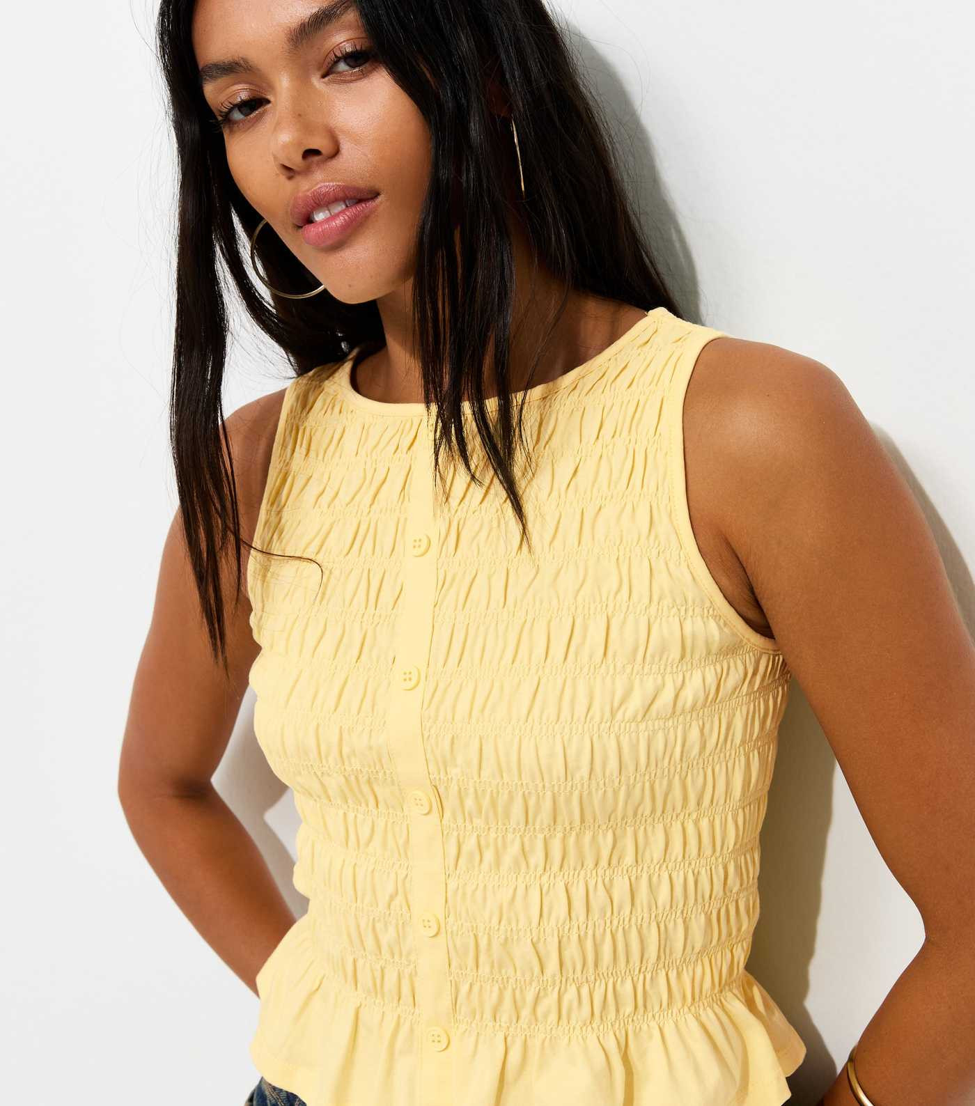 Light Yellow Cotton Faux Button Shirred Flared Hem Top | New Look | New Look (UK)