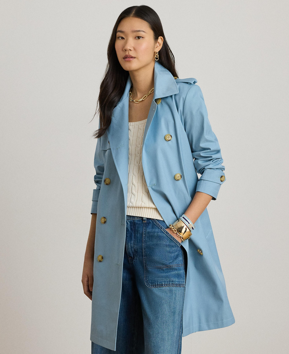 Lauren Ralph Lauren Womens Double-Breasted Belted Trench Coat - Blue note | Macy's