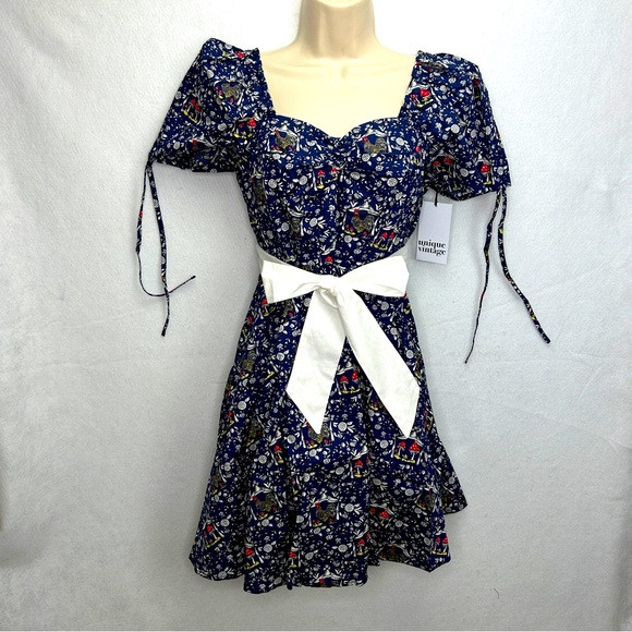 NWT Unique Vintage Size Small/4 Navy Blue Botanica Dakota Flare Dress | Poshmark