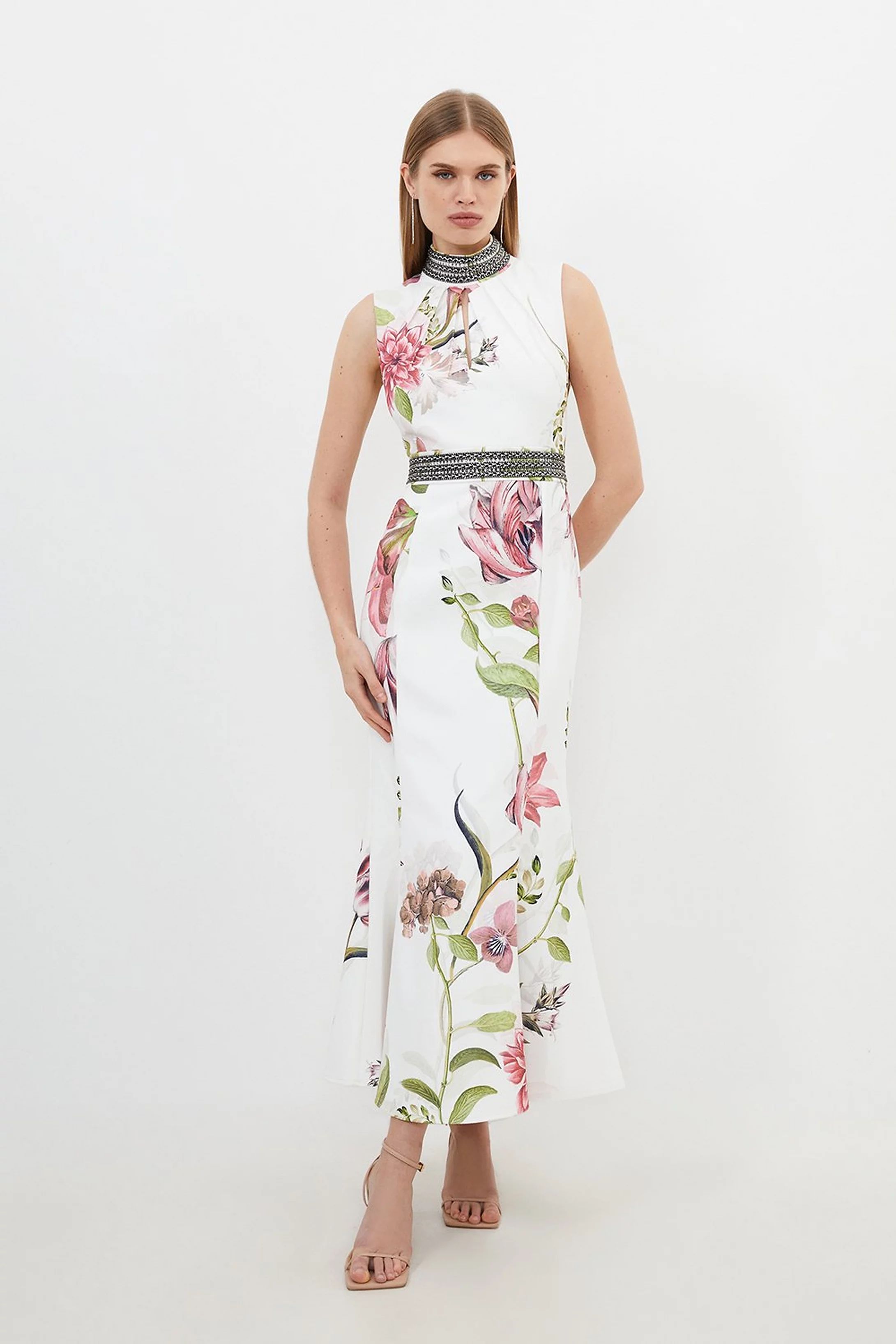 Diamante Trim Delicate Floral Woven Sleeveless Maxi Dress | Karen Millen US