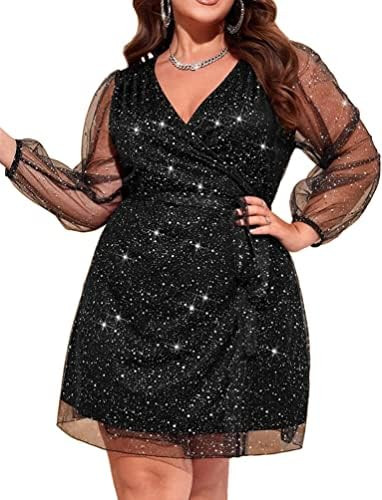 RED DOT BOUTIQUE 829 - Black Sheer Chiffon Long Sleeves Wrapped V Neck Club Sparkle Glitter Dress... | Amazon (US)