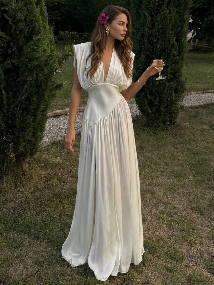 Aloruh Women's Solid White Sexy Commuter Vintage Style Pleated Asymmetric A-Line Dress, Suitable For Autumn, Winter, Spring And Summer,Wedding,Summer Dresses For Women | SHEIN
