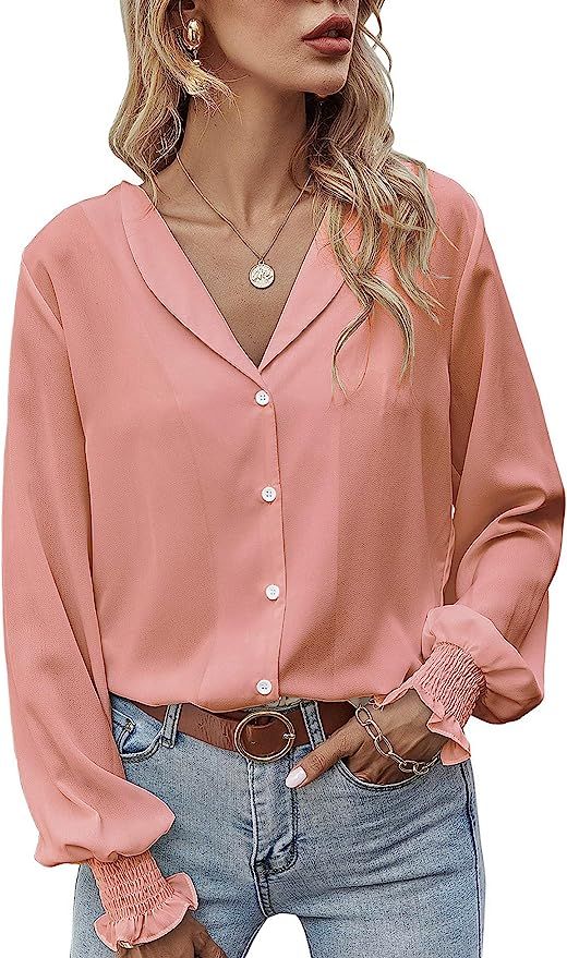 LOMON Womens Casual Tops V Neck Long Sleeve Button Down Shirt Chiffon Blouse | Amazon (US)