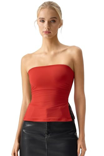 QINSEN Women's Tube Tops Side Split Backless Strapless Bandeau Crop Top Sleeveless Ruched Going Out Tops Red L | Amazon (US)