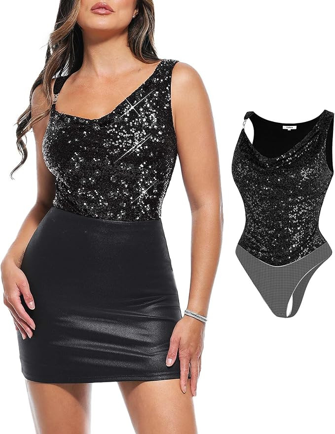 Popilush Shapewear for Women Sequin Cowl Neck Chain Tummy Control Sparkly Body Shaper Sexy Body S... | Amazon (US)