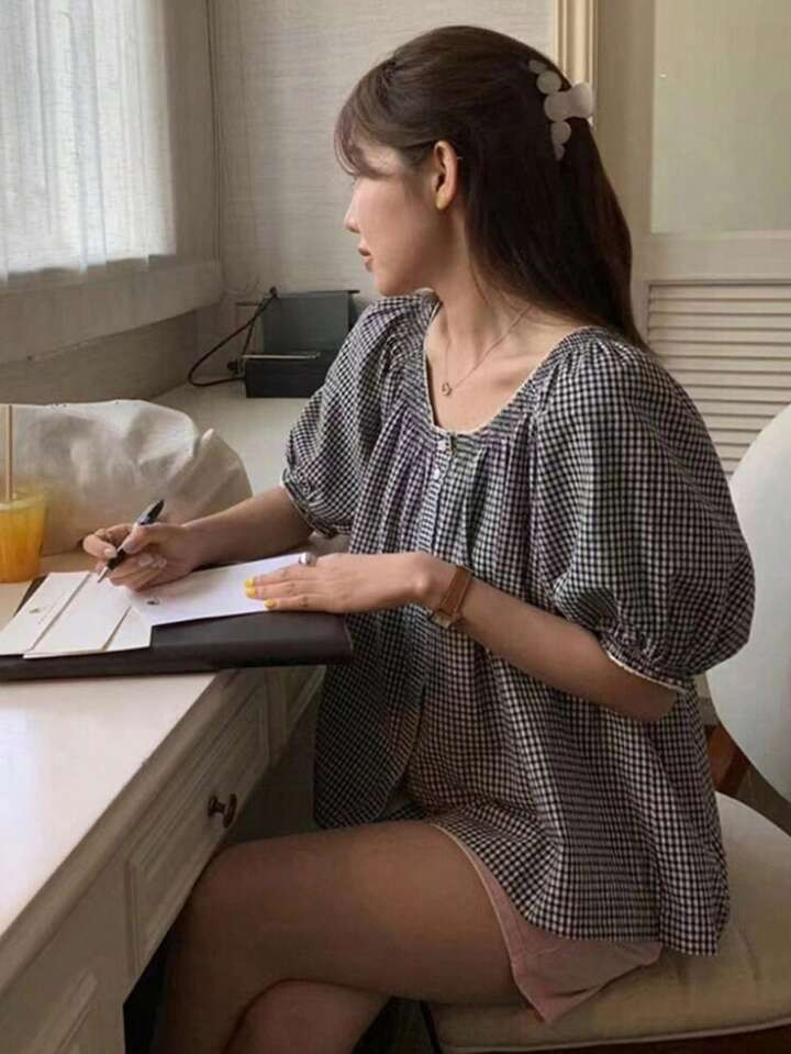 Gingham Cotton Shirt  | SHEIN