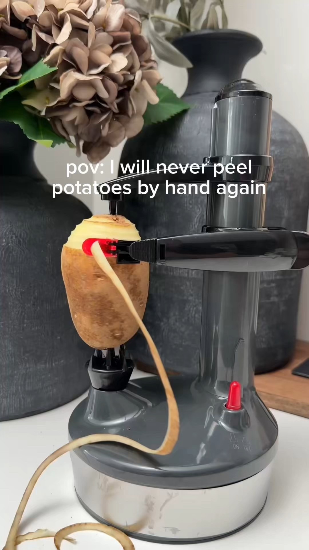 say SHOP if this is something you would find useful and I’ll send you the details. I didn’t even know this existed 🥔 I will never peel potatoes by hand again.

I always avoided making certain meals because peeling potatoes (or apples, sweet potatoes, etc.) takes forever and makes such a mess. Between the slippery peels, uneven cuts, and accidentally taking off half the potato 😅 it was easily the most annoying part of cooking. This little gadget does it for you. You just stick the potato on, press the button, and it rotates while the blade perfectly peels the skin off in seconds.

It’s honestly one of those things you don’t realize how much time it saves until you use it. It works on different sizes and even apples for pies, snacks, or meal prep.

#kitchengadgets #amazonfinds #cookinghacks #time-saving #homeessentials