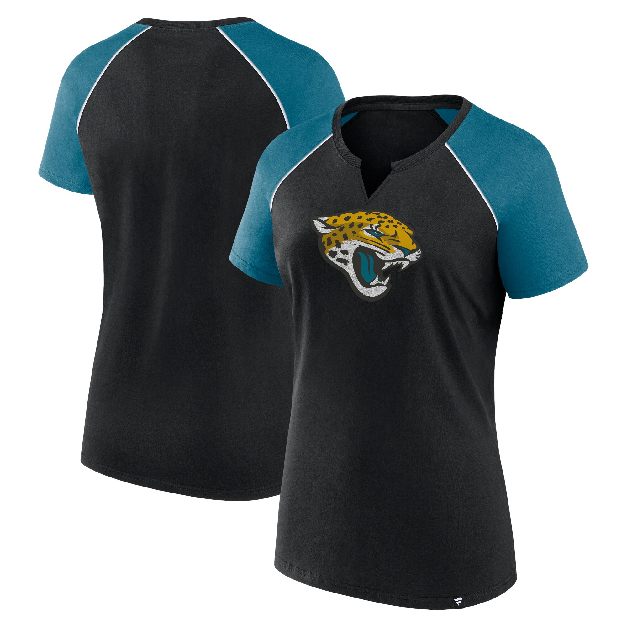 Women's Jacksonville Jaguars Fanatics Black/Teal Glittered Primary Raglan T-Shirt | NFL Shop