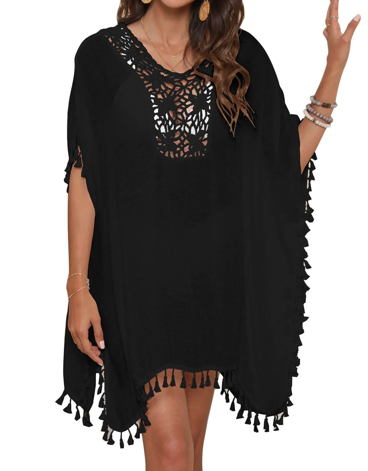 Bathing Suit Cover Up for Women Hollow Out Neckline Swimsuit Coverup Tassel Irregular Hem Beach C... | Walmart (US)