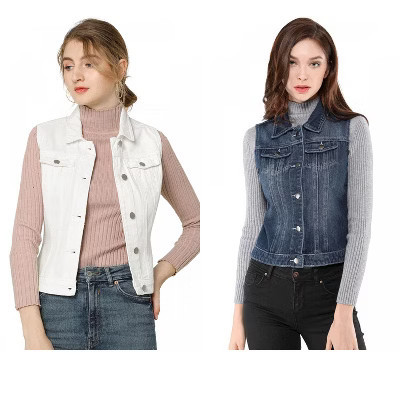 INSPIRE CHIC Women's Buttoned Washed Denim Vest with Faux Chest Flap Pockets 2 Packs White/Blue X-Large | Target