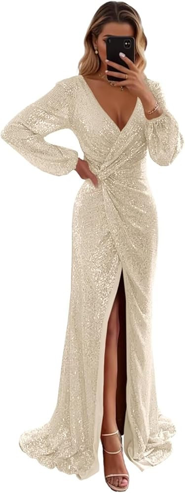 Ouyisha Long Sleeves Sequin Prom Dresses Sparkly A Line v Neck Dress for Women 2025 | Amazon (US)