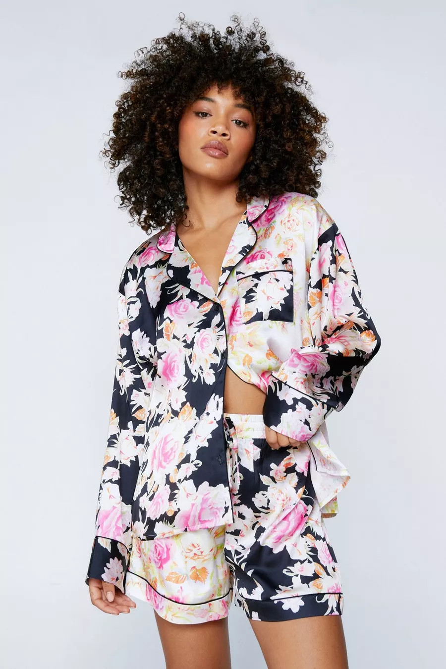 Satin Floral Print Colorblock Pajama Short Set | Nasty Gal US