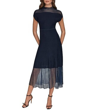Rayon Crepe Sheer Yarn Mock Neck Cap Sleeve Midi Dress | Dillard's