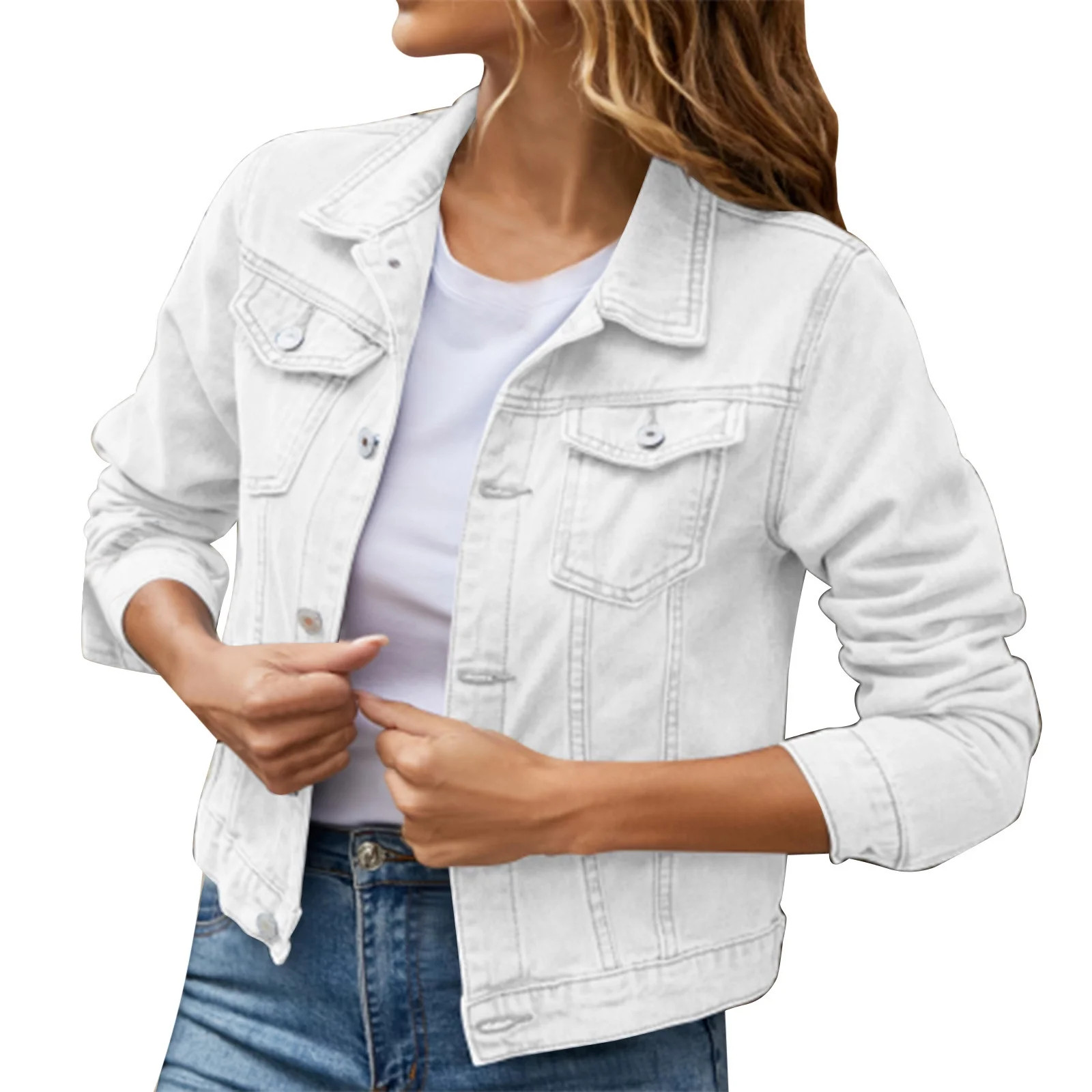 Women's Jackets Basic Solid Color Button Down Denim Cotton Jacket With Pockets Denim Jacket Outer... | Walmart (US)