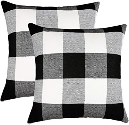 4TH Emotion Set of 2 Farmhouse Buffalo Check Plaid Throw Pillow Covers Cushion Case Cotton Linen ... | Amazon (US)