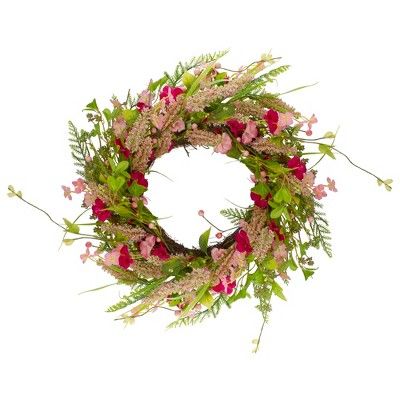 Northlight Spring Floral Foliage and Berry Twig Wreath, Pink 21" | Target