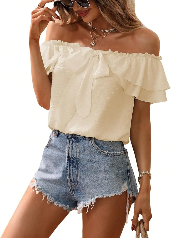SweatyRocks Women's Off Shoulder Ruffle Trim Knot Front Blouse Tiered Layer Butterfly Short Sleev... | Amazon (US)