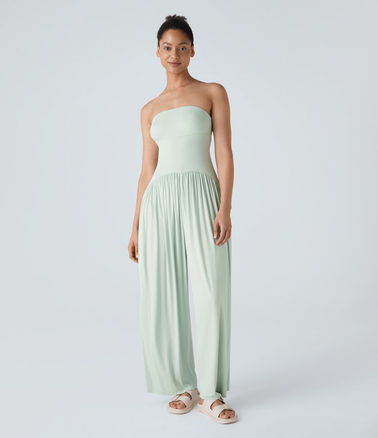 Ribbed Tube Backless Plicated Side Pocket Wide Leg Casual Jumpsuit | HALARA