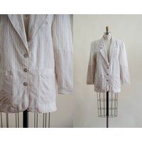 Beige Linen Blazer | 80S Vintage White Gingham Plaid Striped Natural Oatmeal Oversized Jacket | Etsy (US)