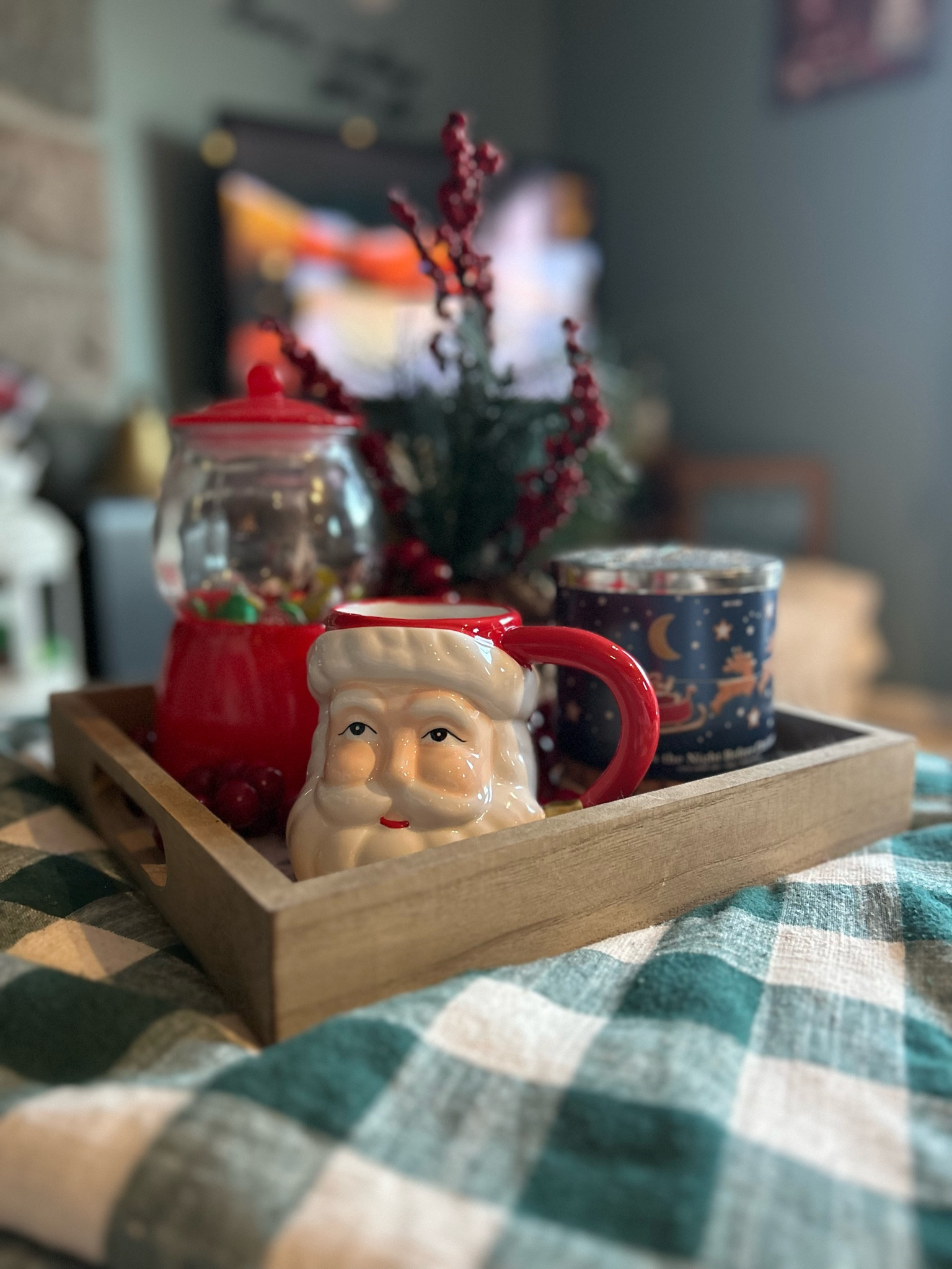 Small Christmas Tray for display 
Featuring a Santa mug, candle and the viral gumball machine

#LTKHoliday #LTKhome #LTKSeasonal