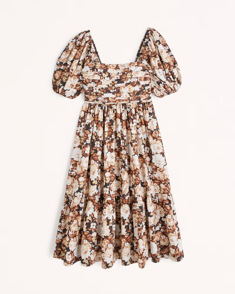 Ruched Puff Sleeve Poplin Midi Dress | Abercrombie & Fitch (US)