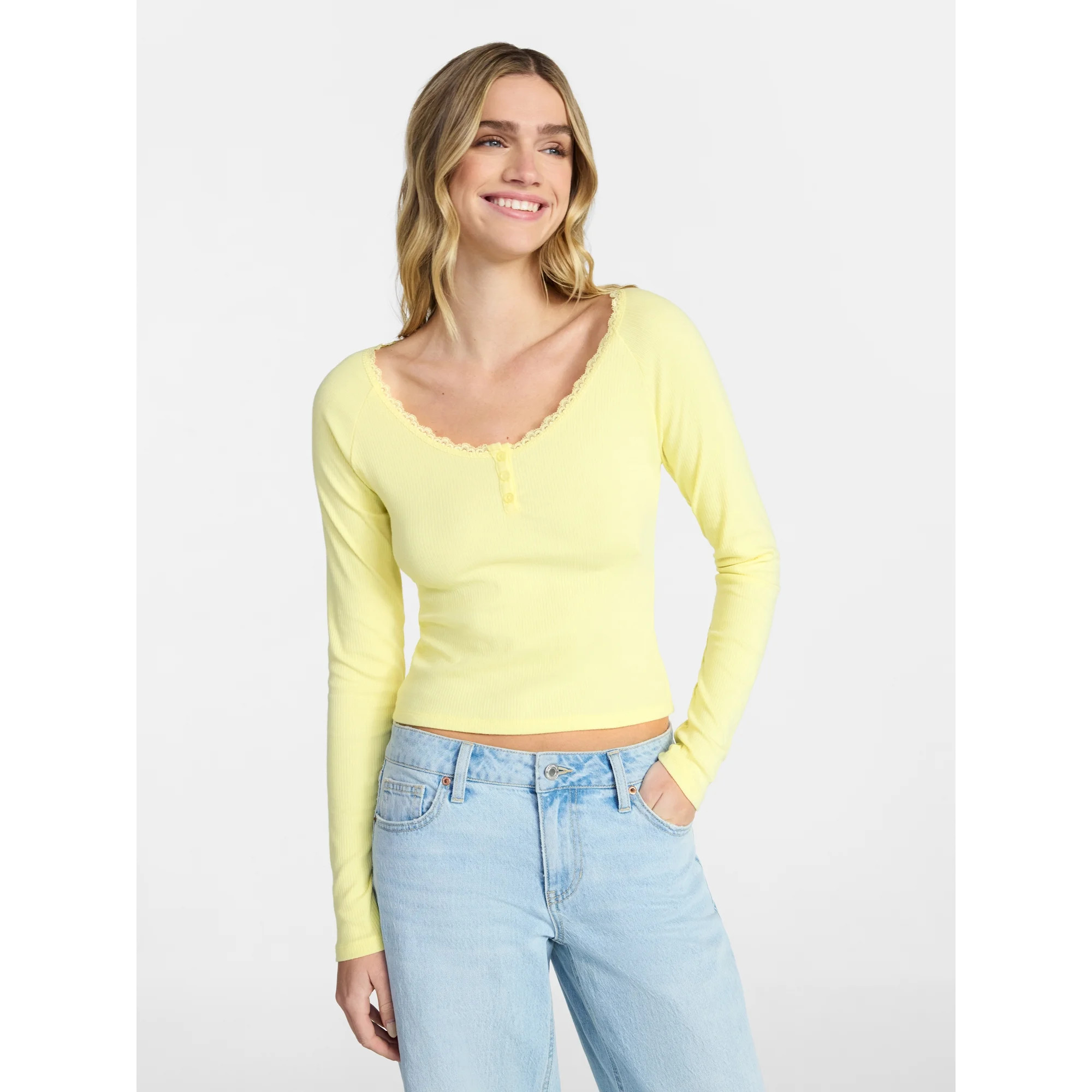 No Boundaries Long Sleeve Henley Top with Lace Trim, Women's XXS-XXL | Walmart (US)