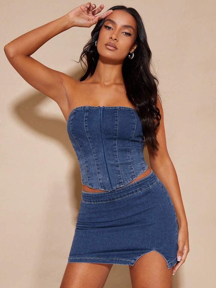 SHEIN BAE Hanky Hem Denim Tube Top & Split Hem Bodycon Skirt | SHEIN