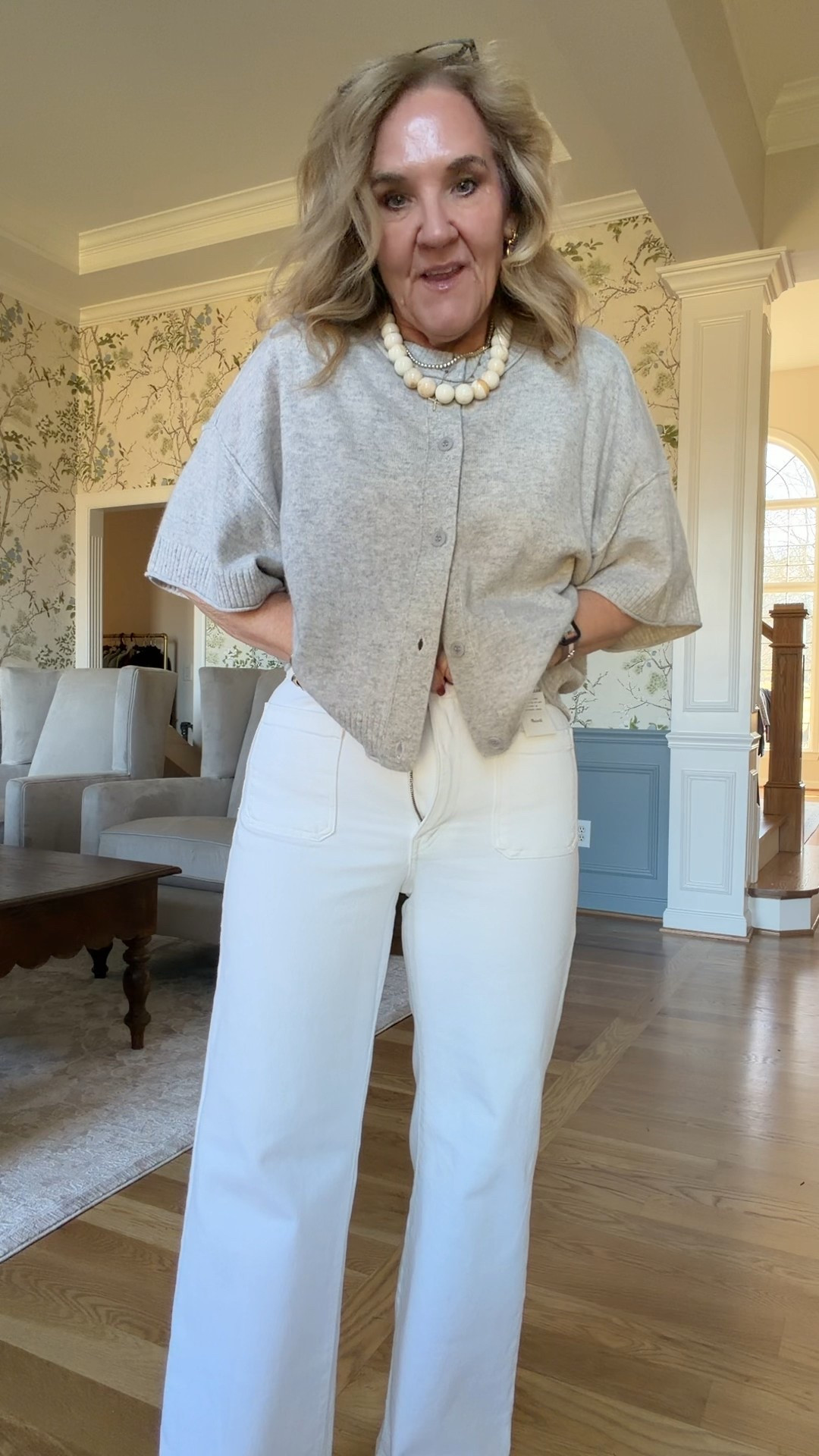 White jeans full length this is about perfect. Not too wide not to straight. Quite fitted but the denim is substantial enough to handle it. Size up if you want more relaxed fit. I’m wearing a 29 petite 
Cashmere cardigan that I’m wearing as a top. But you could layer a tee or blouse under it. 
Espadrilles are great quality and really comfy. I can wear them all day walking. 

White jeans vacation outfit spring break 


#LTKOver40 #LTKSeasonal #LTKPetite