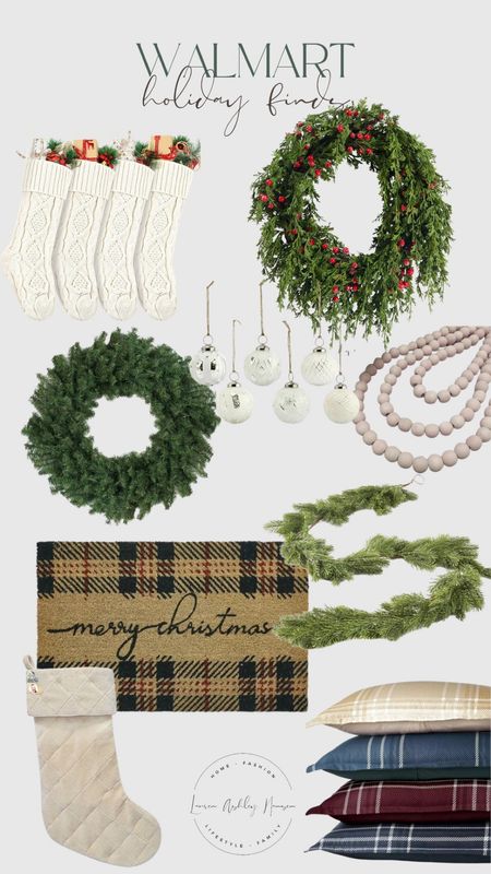 Walmart home holiday finds 🤍 in stock garland, doormat, wreath, distressed ornaments, knit stockings 

#LTKHoliday #LTKhome #LTKSeasonal