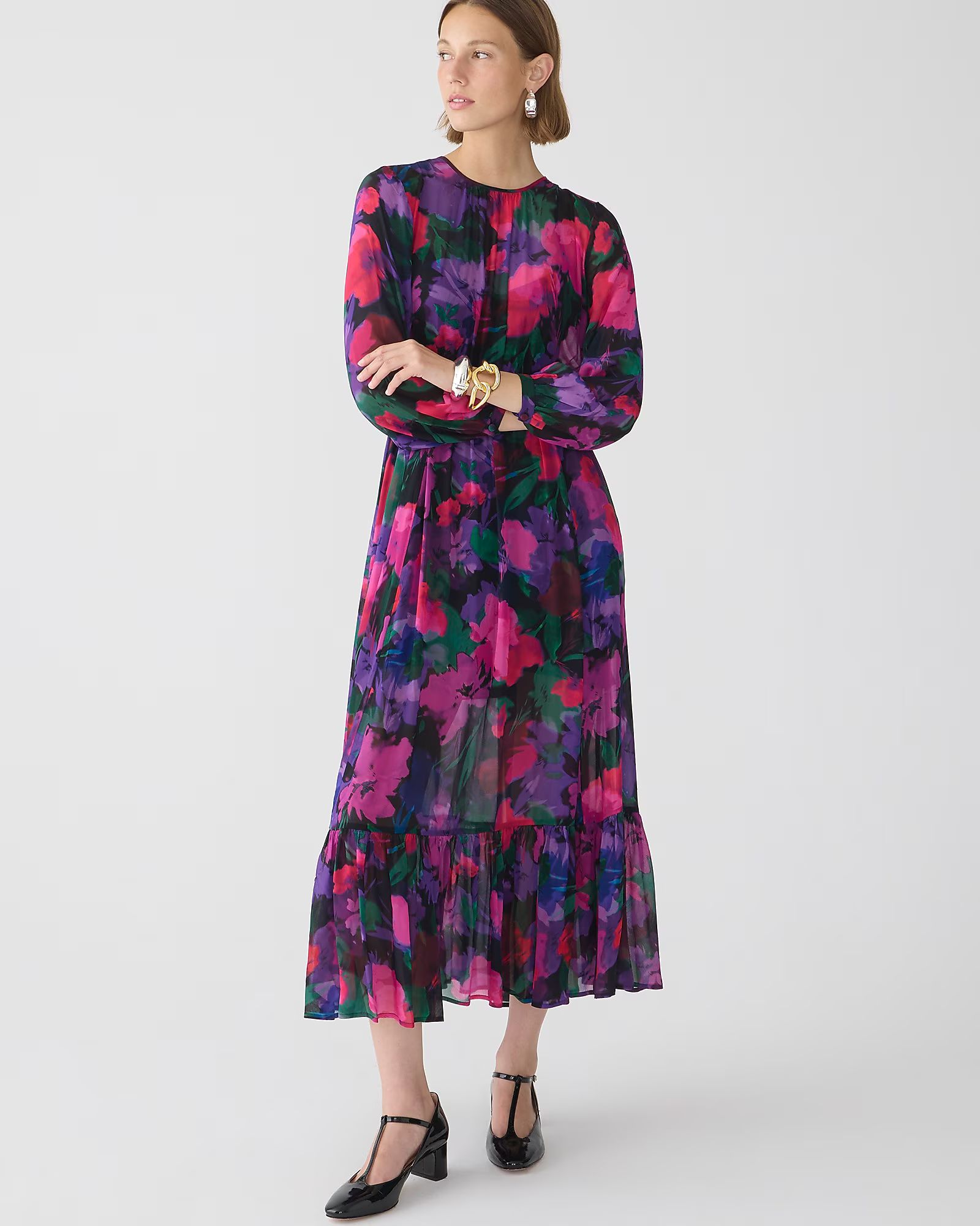 Long-sleeve chiffon midi dress in watercolor floral | J.Crew US