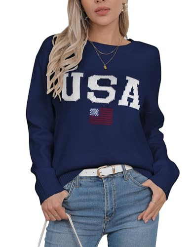 Allifewithu Women's American Flag Sweater Long Sleeve Crew Neck Casual Patriotic Star Knit Pullover Sweaters (Navy Blue,Small) | Amazon (US)