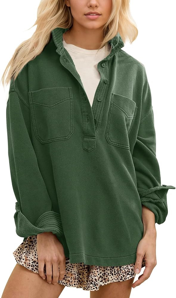 Locachy Women's Casual Oversized Polo Neck Sweatshirt Lapel Long Sleeve Button Pullover Tops Fash... | Amazon (US)