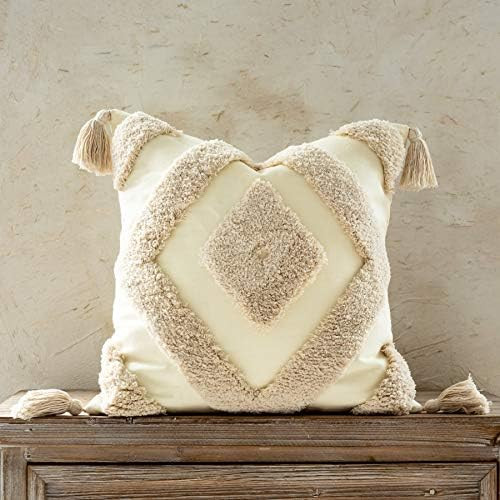 Woven Tufted Boho Throw Pillow Cover, Modern Decorative Geometric Diamond Chevron Square Cushion ... | Amazon (US)