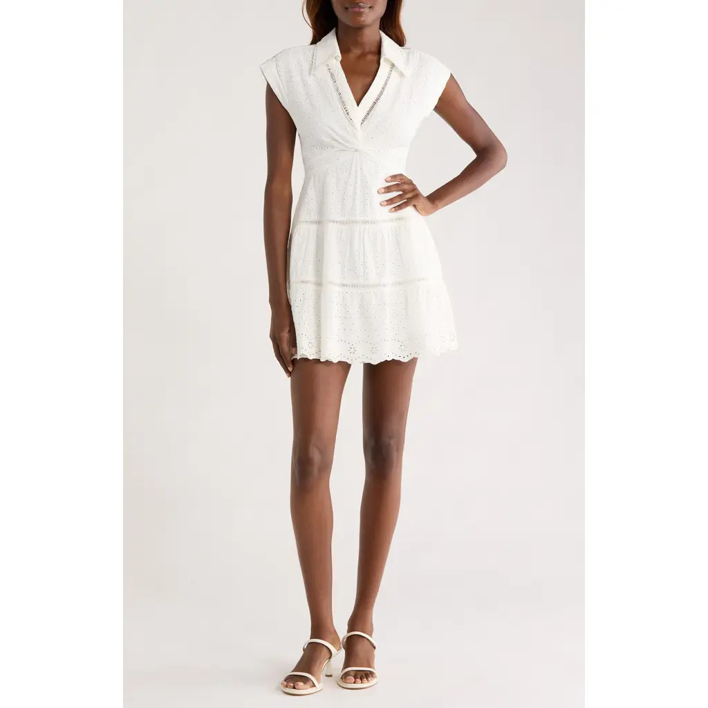 Alice + Olivia Mila Deep V-Neck Cotton & Linen Eyelet Minidress in Off White at Nordstrom Rack, Size 6 | Nordstrom Rack