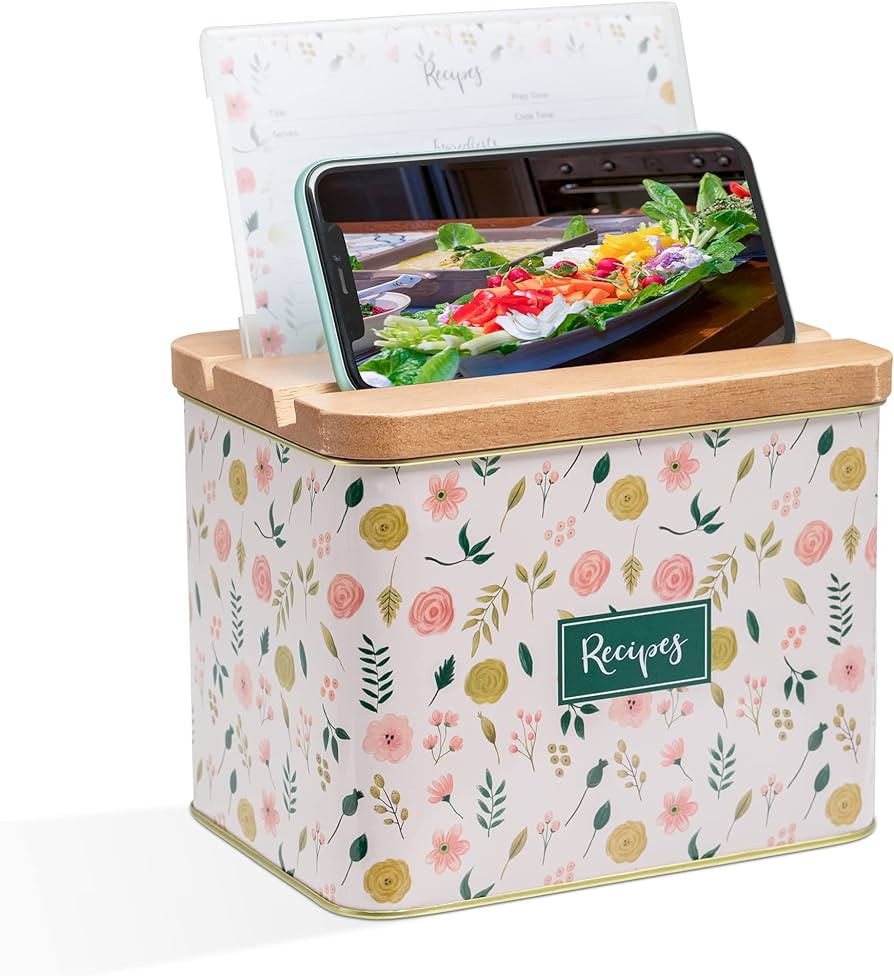 Cabbrix Recipe Box with Cards and Dividers, recipe cards and box set, Wooden Lid with Phone Holde... | Amazon (US)
