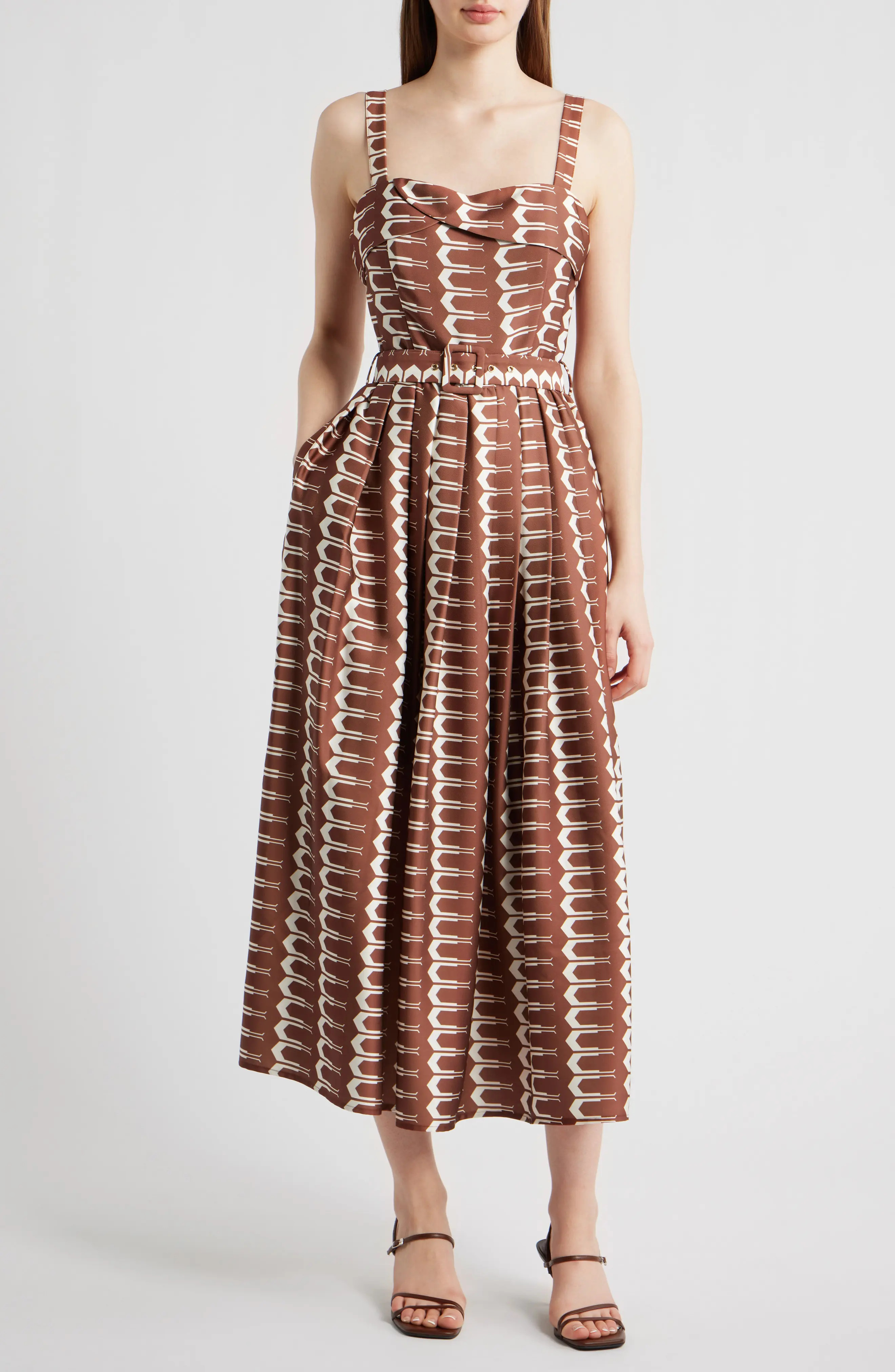 CIEBON Edia Geo Print Belted Maxi Dress in Brown at Nordstrom Rack, Size Small | Nordstrom Rack