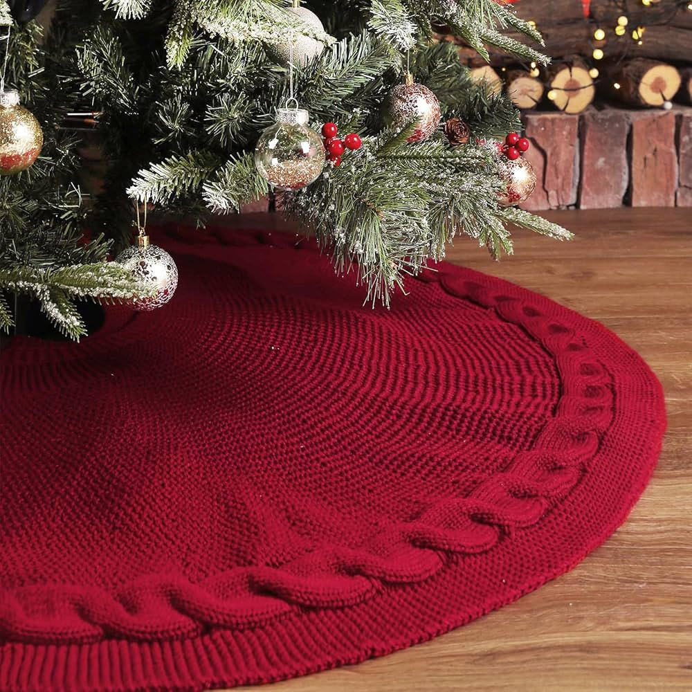 Amazon.com: LimBridge Knitted Christmas Tree Skirt: 48 Inches Wine Red Tree Skirt, Chunky Cable K... | Amazon (US)