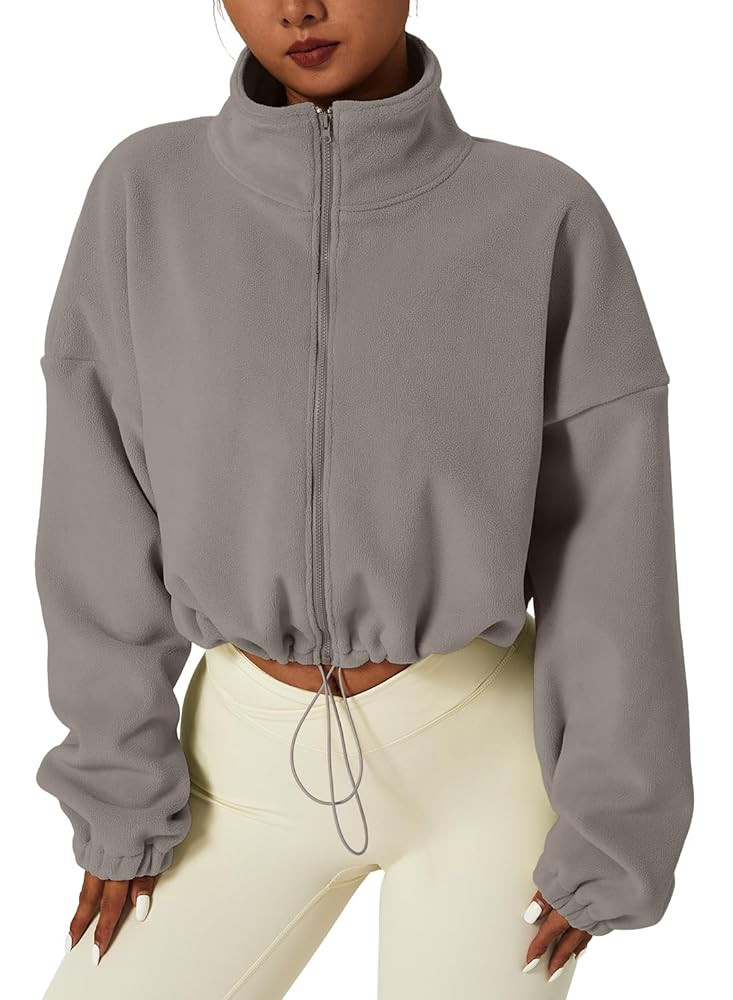 QINSEN Women's Full Zip Fleece Short Jacket Warm Winter Long Sleeve Stand Collar Sherpa Crop Coat | Amazon (US)