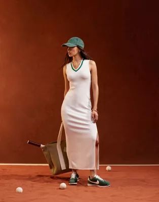 ASOS DESIGN deep v-neck elastic trim midi dress with cutout back detail in cream | ASOS (Global)