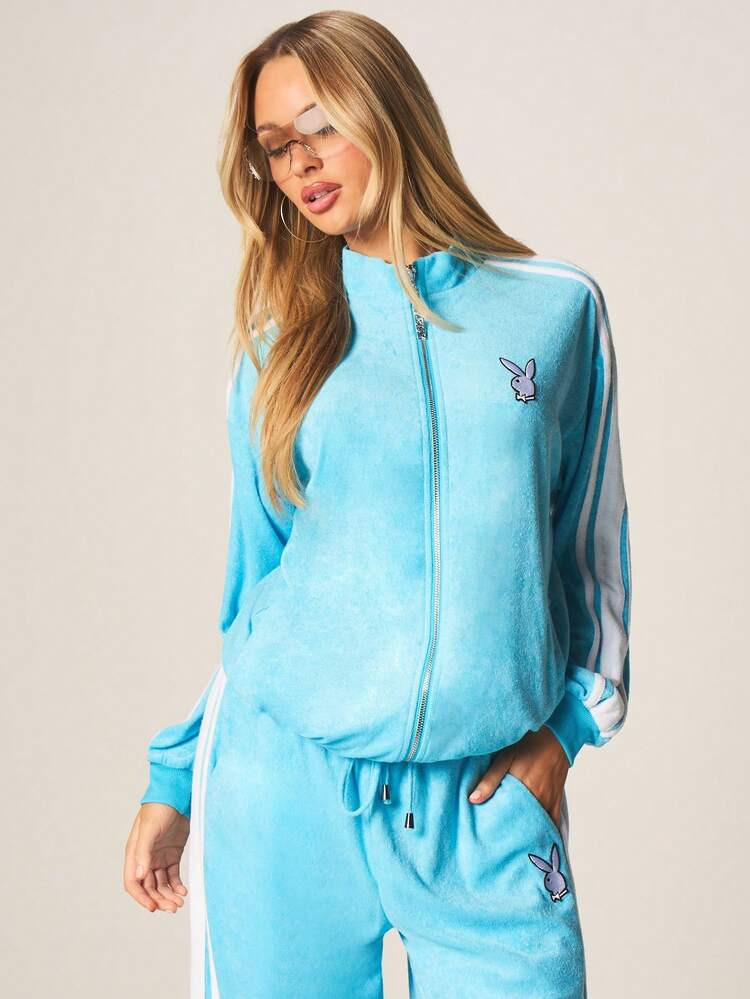 Missguided X Playboy Terry Towelling Zip Through Sweatshirt With White Side Stripes And Bunny Logo Casual Loungewear Track Jacket | SHEIN
