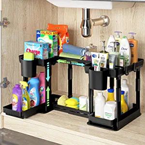 Expandable Under Sink Organizer and Storage 2 Pack, 2 Tier Pull Out Sliding Under Bathroom Cabine... | Amazon (US)