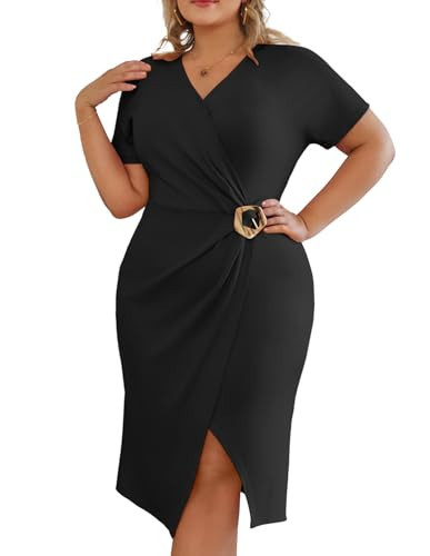 Hanna Nikole Women's Plus Size V Neck Short Sleeve Black Cocktail Dresses 16 Plus Ruched Bodycon Party Dresses for Spring | Amazon (US)
