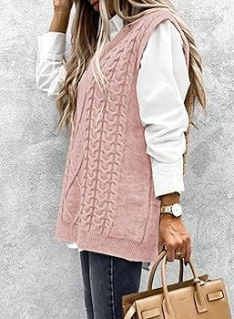 HOTAPEI Womens Plus Size Pink Sweater Vest V Neck Sleeveless Fall Sweaters for Women Cable Knit S... | Amazon (US)