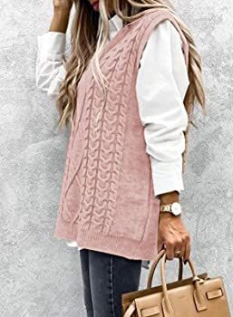 HOTAPEI Womens Plus Size Pink Sweater Vest V Neck Sleeveless Fall Sweaters for Women Cable Knit S... | Amazon (US)