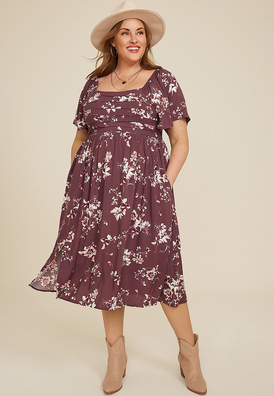 Plus Size Floral Pleated Bodice Midi Dress | Maurices