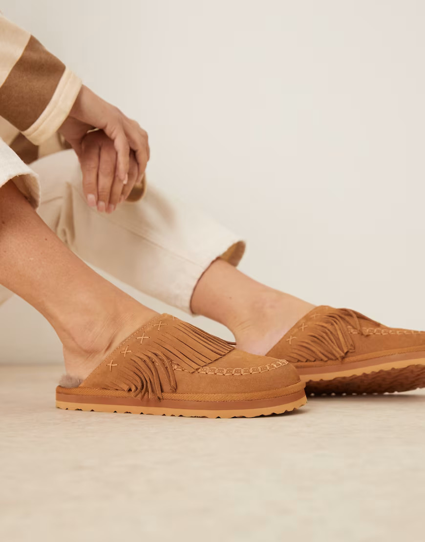 Free People fallon suede fringed mules in toffee-Brown | ASOS (Global)