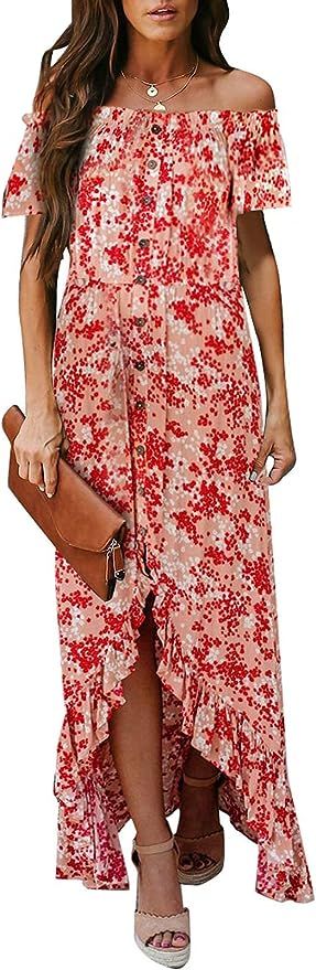 Happy Sailed Women Floral Print Off Shoulder Irregular Maxi Dress High Low Cocktail Party Dresses | Amazon (US)