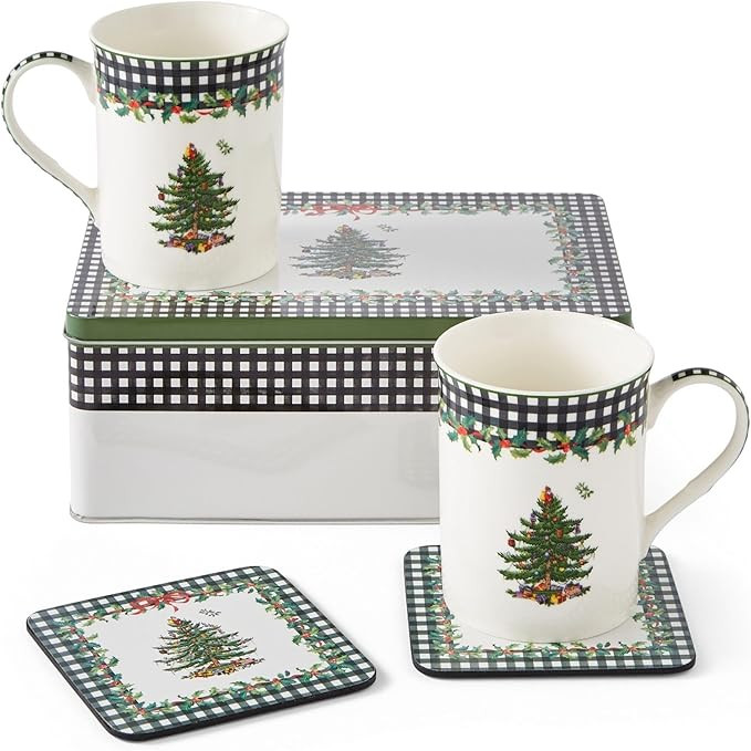 Spode Christmas Tree 5-Piece Mug & Tin Set – Fine China Mugs & Cork Coasters, Holiday Beverage ... | Amazon (US)